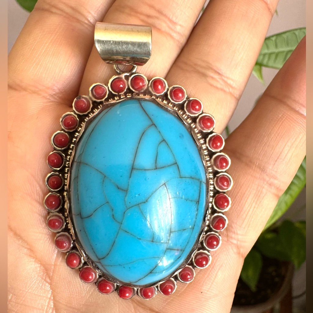 Vintage Style Hand Carved Tibetan Silver With Turquoise Coral Pendant 25inch 29$